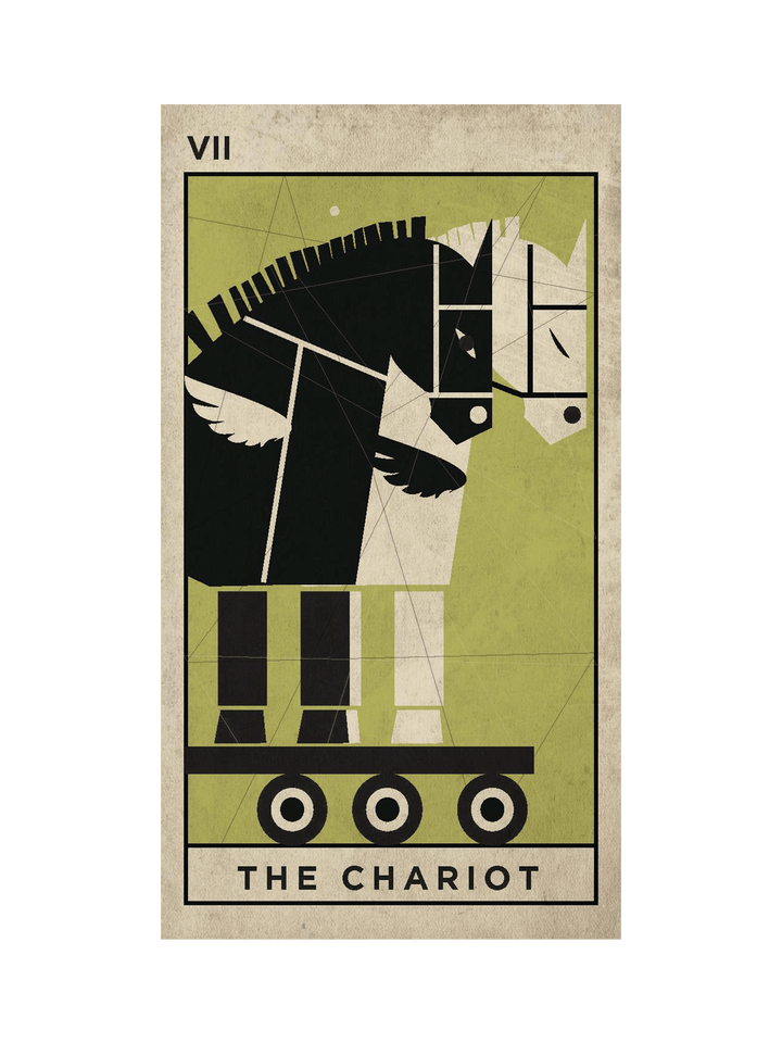 A stylized tarot card design featuring 'The Chariot' with a geometric horse-and-wagon illustration in black, cream, and olive green on a beige card background | Twentyseven Toronto