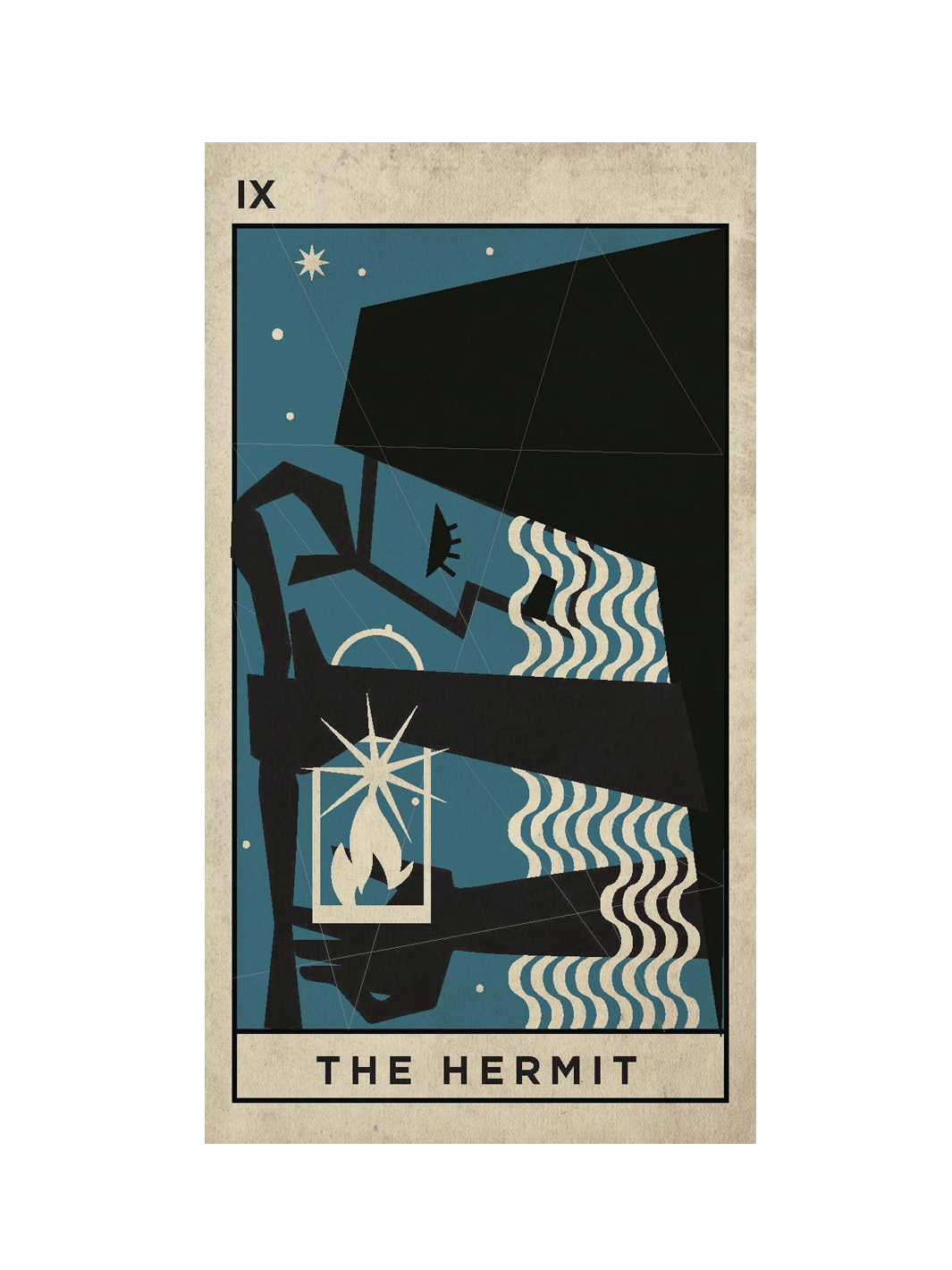 A stylized tarot card design reading 'THE HERMIT' with Roman numeral IX at the top left. The card has a beige border, a dark blue night sky, black geometric shapes, and cream wavy line details, centered on a white background | Twentyseven Toronto