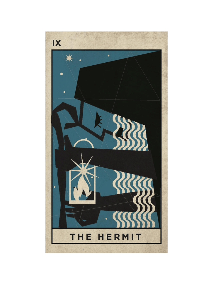 A stylized tarot card design reading 'THE HERMIT' with Roman numeral IX at the top left. The card has a beige border, a dark blue night sky, black geometric shapes, and cream wavy line details, centered on a white background | Twentyseven Toronto