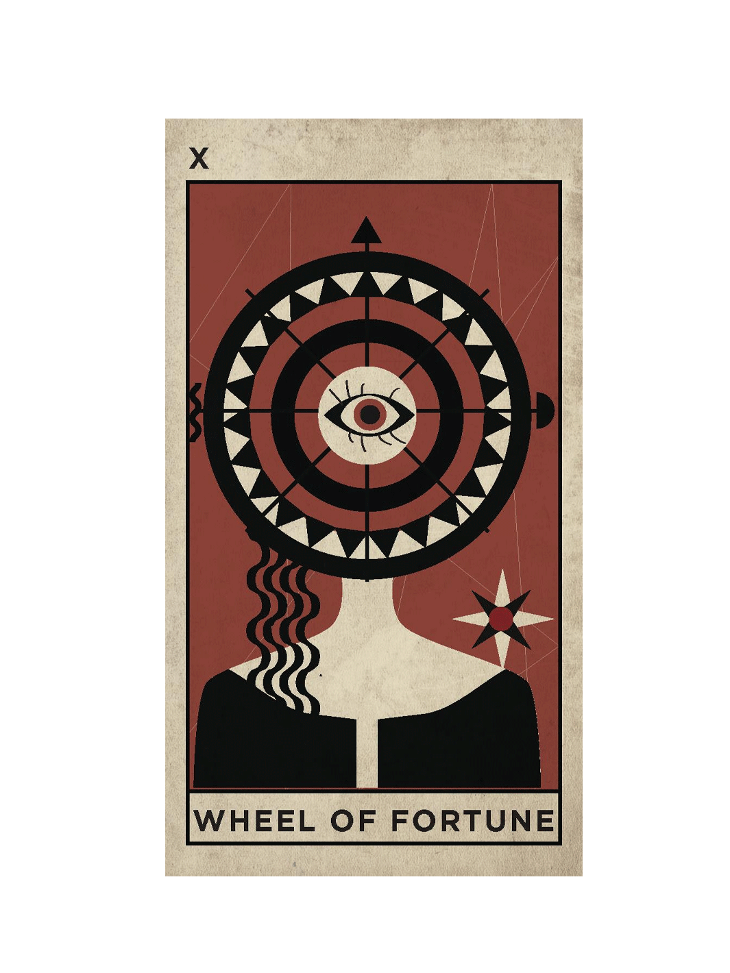 A stylized tarot card design reading 'WHEEL OF FORTUNE' with a red, black, and beige illustration of a woman's shoulders, a large circular target with an eye in the center, and a star on the right | Twentyseven Toronto