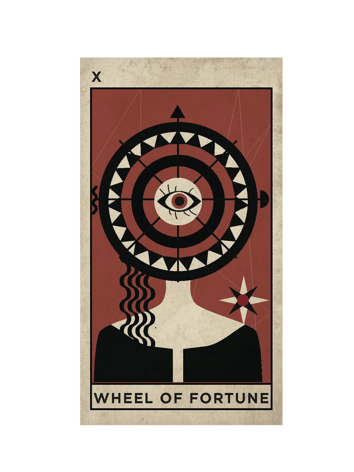A stylized tarot card design reading 'WHEEL OF FORTUNE' with a red, black, and beige illustration of a woman's shoulders, a large circular target with an eye in the center, and a star on the right | Twentyseven Toronto