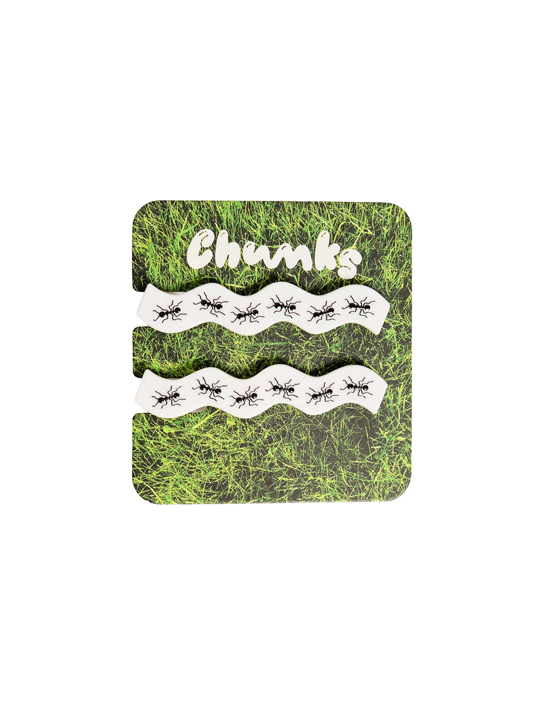 Set of two white Chunks Ant Clips with black ant print displayed on branded packaging | Twentyseven Toronto