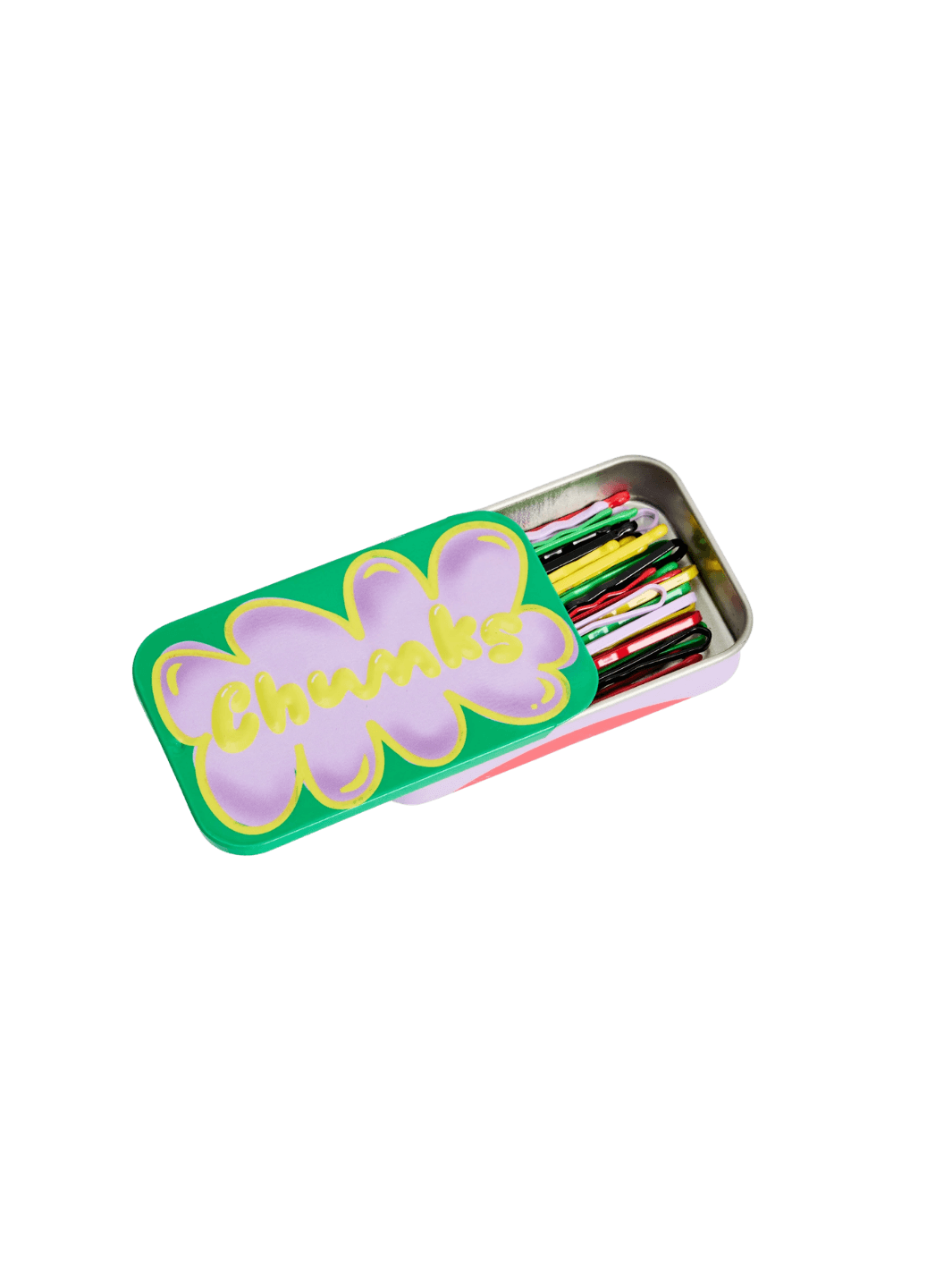 A vibrant green storage tin with a purple cloud design and the word Chunks is shown partially slid open to display a collection of multi-colored Chunks Hairclips Chunks Bobby Pins inside | Twentyseven Toronto