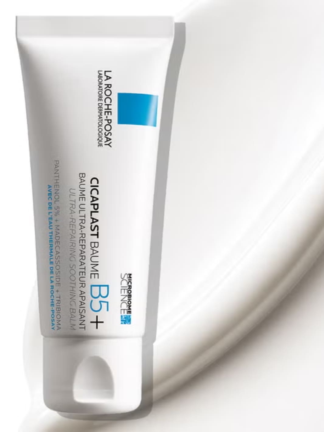 La Roche-Posay Cicaplast Baume B5+ Ultra Soothing Cream 100ml on a white background with swatch | Twentyseven Toronto