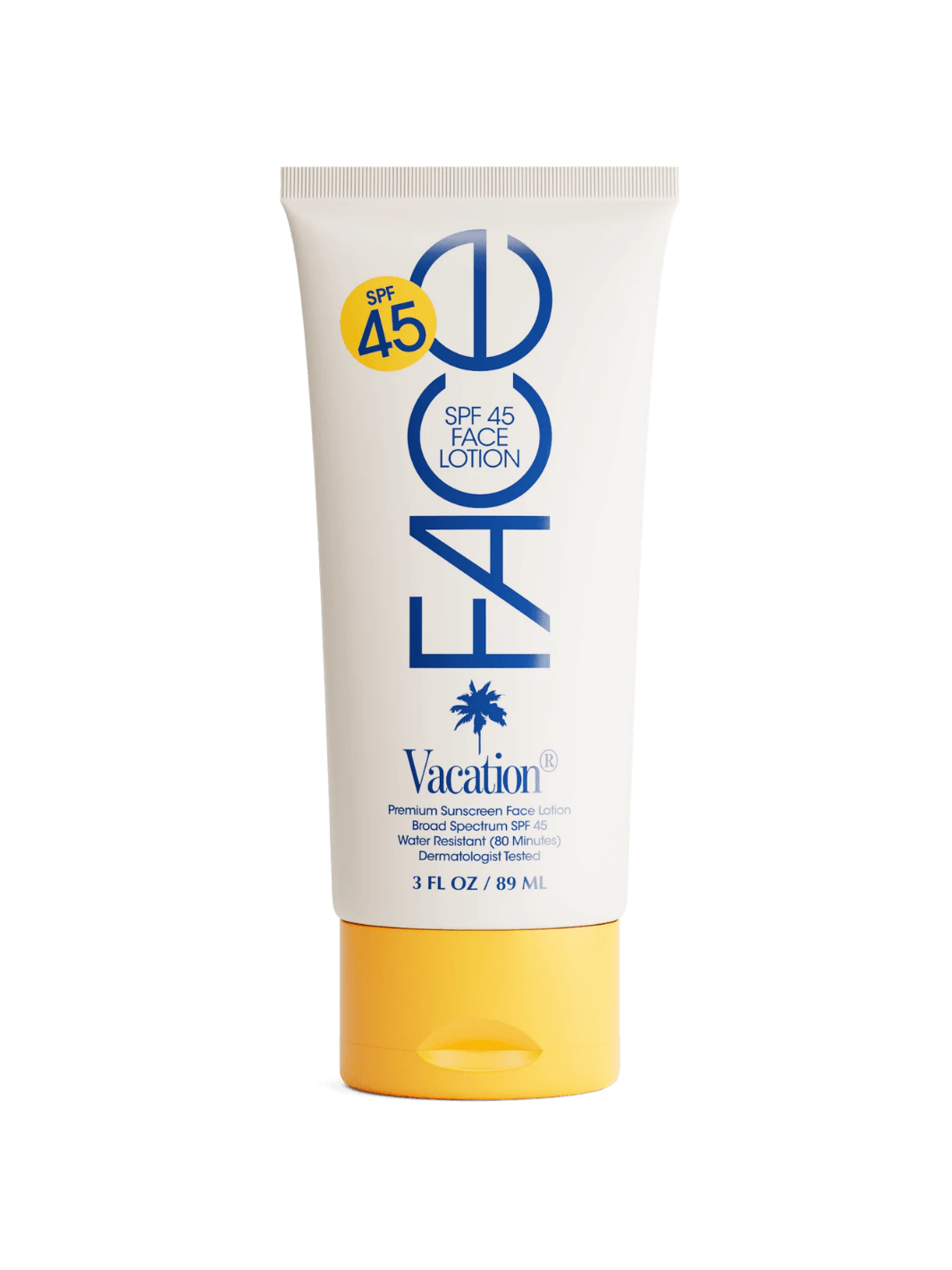 White and yellow tube of Vacation Inc Classic Face Lotion SPF 45 against a transparent background  Twentyseven Toronto