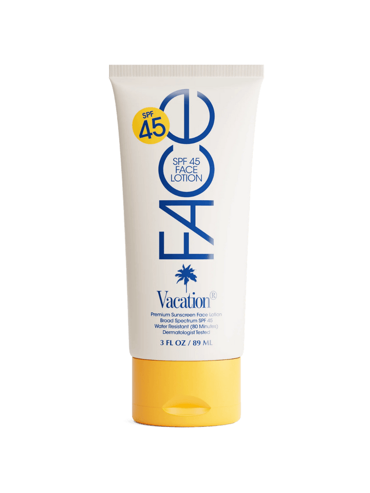 White and yellow tube of Vacation Inc Classic Face Lotion SPF 45 against a transparent background  Twentyseven Toronto