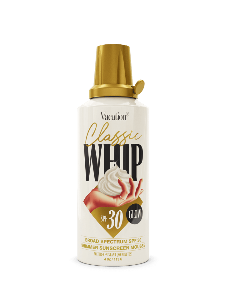 Vacation Inc. Classic Whip Glow SPF 30 | Twentyseven Toronto | Sunscreen mousse bottle labeled 'Classic Whip' with gold cap on a green background