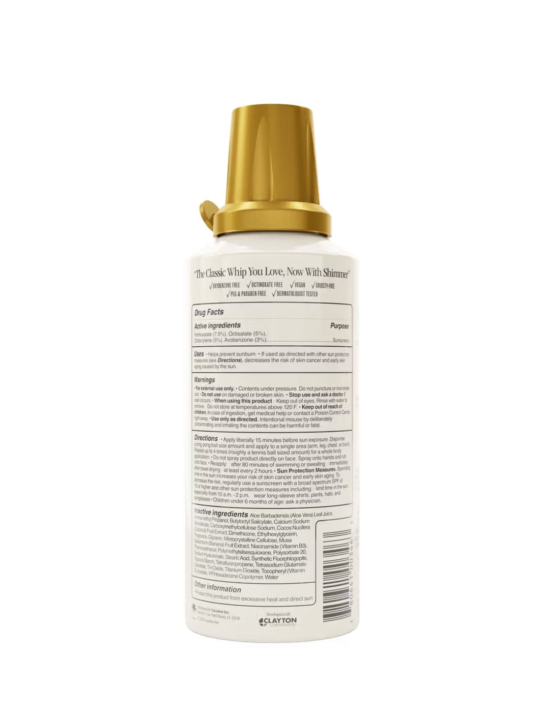 Vacation Inc. Classic Whip Glow SPF 30 | Twentyseven Toronto | Gold Vacation Inc Classic Whip SPF 30 Glow bottle with label on a white background