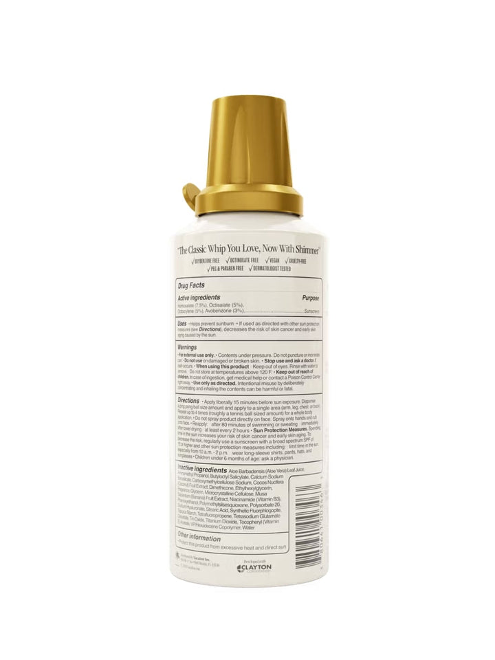 Vacation Inc. Classic Whip Glow SPF 30 | Twentyseven Toronto | Gold Vacation Inc Classic Whip SPF 30 Glow bottle with label on a white background