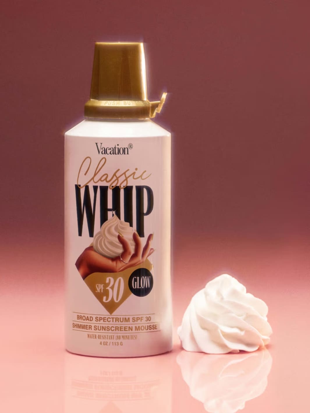 Vacation Inc. Classic Whip Glow SPF 30 | Twentyseven Toronto | Vacation Classic Whip sunscreen mousse with whipped cream on a pink background