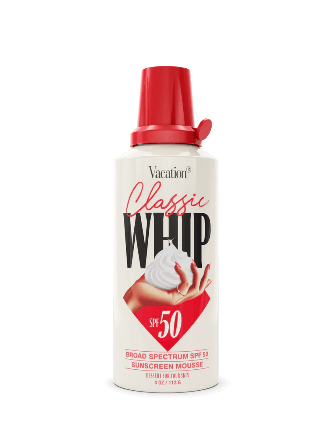 A 4 oz can of Vacation Inc Classic Whip SPF 50 broad spectrum sunscreen mousse | Twentyseven Toronto