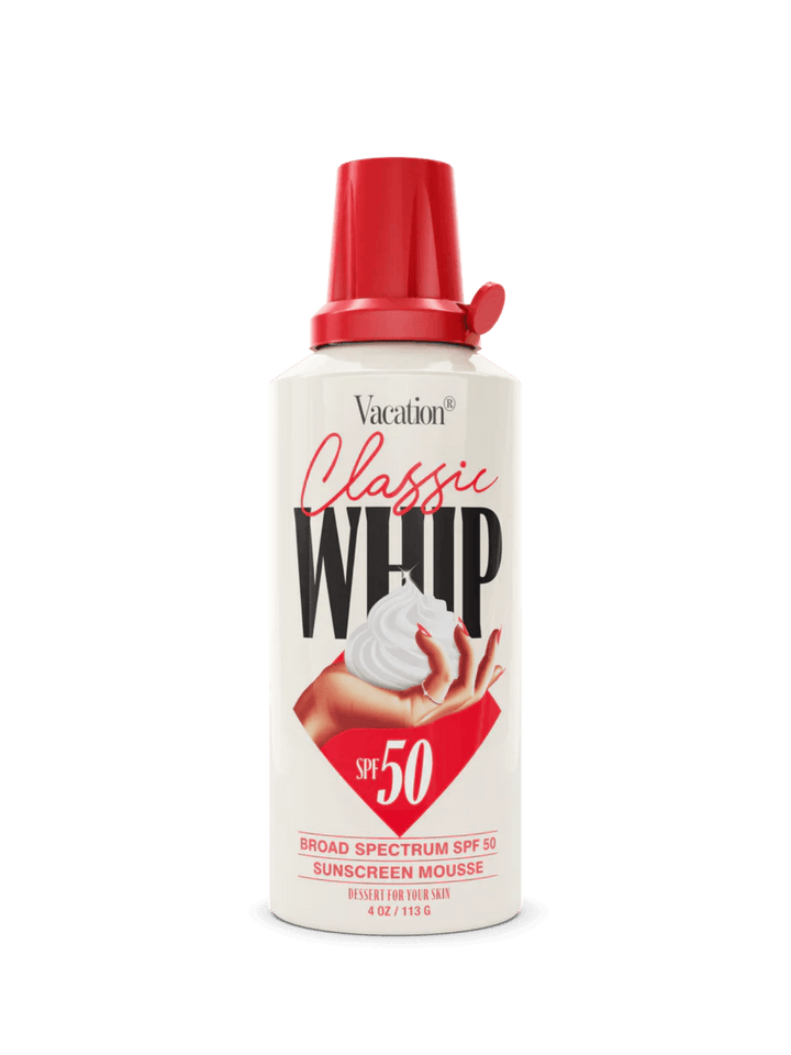 A 4 oz can of Vacation Inc Classic Whip SPF 50 broad spectrum sunscreen mousse | Twentyseven Toronto