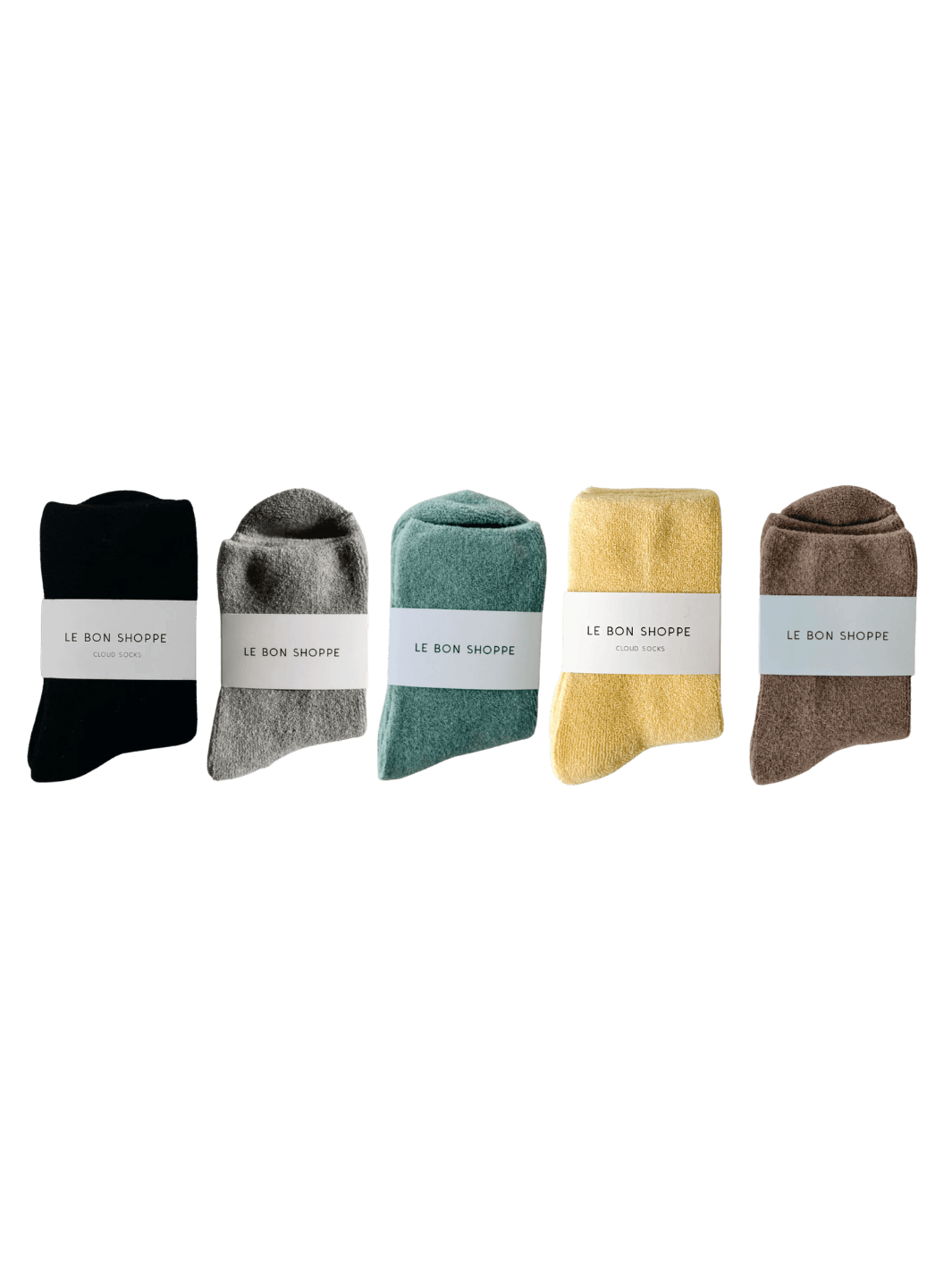 Five pairs of colourful Le Bon Shoppe Cloud Socks in 'Heather Grey', 'Bay', 'Lemon Water', 'Jet Black', and 'Frappe' | Twentyseven Toronto
