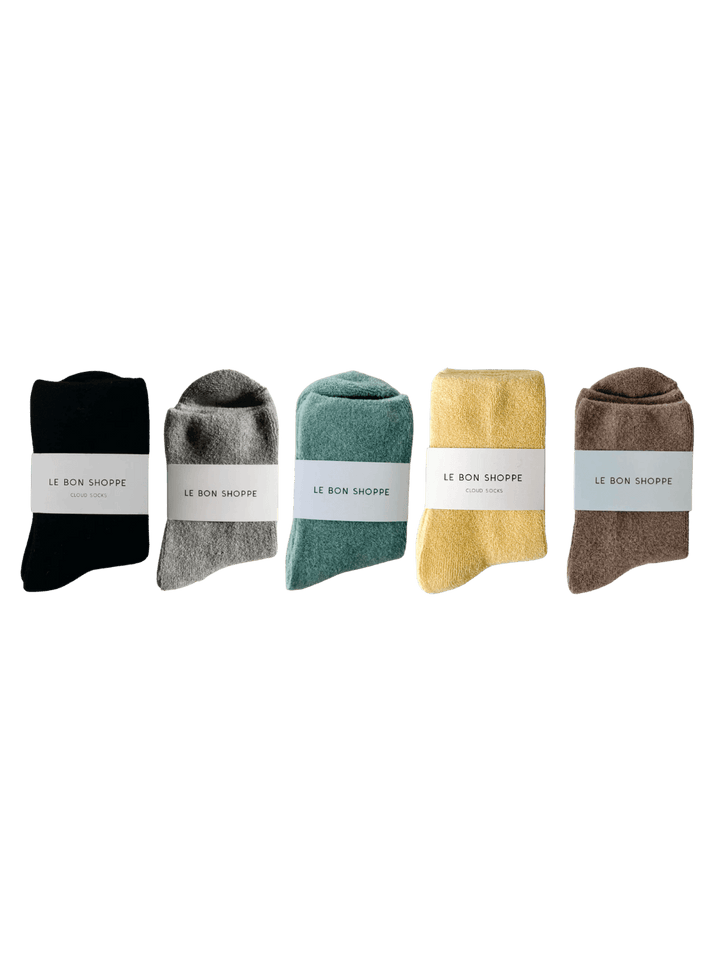 Five pairs of colourful Le Bon Shoppe Cloud Socks in 'Heather Grey', 'Bay', 'Lemon Water', 'Jet Black', and 'Frappe' | Twentyseven Toronto