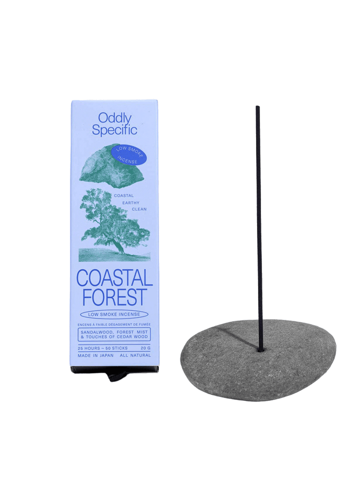 Oddly Specific Coastal Forest Low Smoke Incense in light blue packaging with green tree and coastal illustrations, displayed beside a black incense stick in a grey stone holder | Twentyseven Toronto