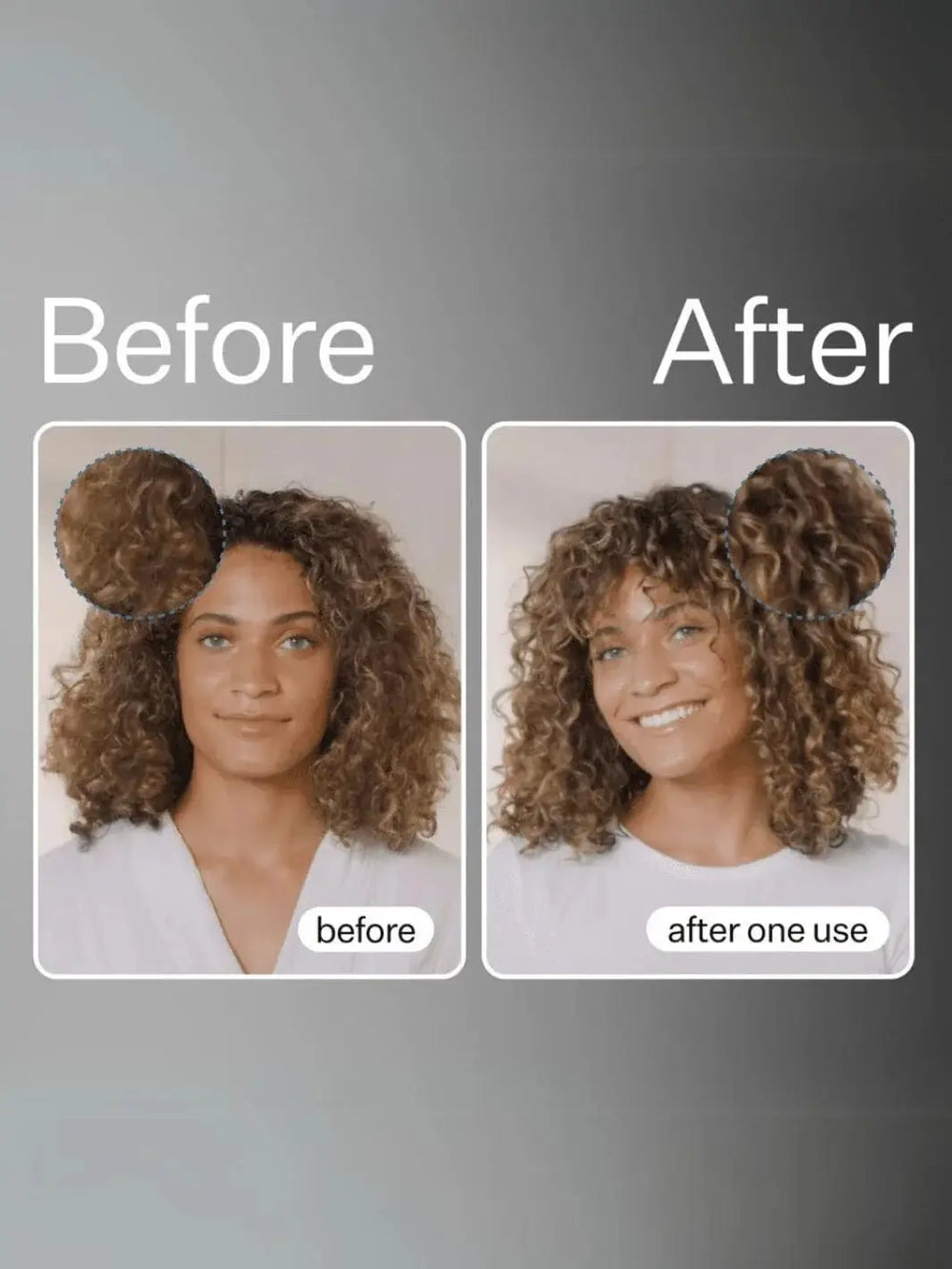 Before and after comparison of a person with curly hair using Act+Acre Cold Processed Shampoo and Conditioner | Twentyseven Toronto
