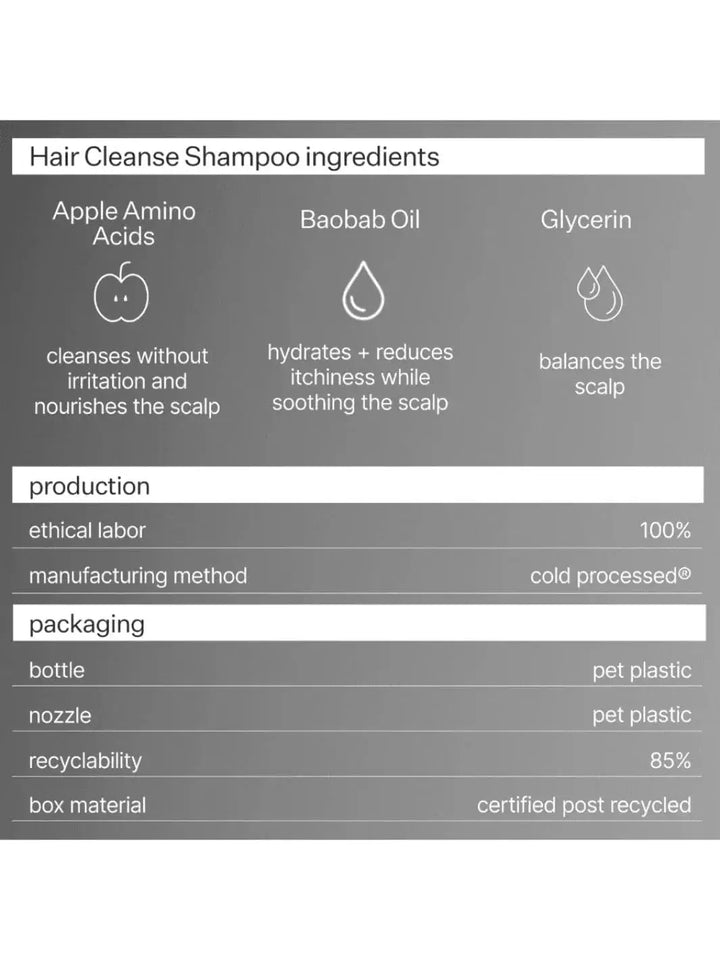 Act+Acre Cold Processed Hair Cleanse Shampoo ingredients list and production details with icons and descriptions on a gray background | Twentyseven Toronto