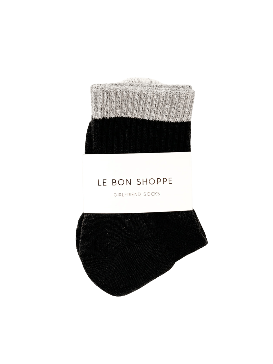 Black 'Color Block Girlfriend Sock' with gray top in 'Black Grey' style and white 'Le Bon Shoppe' label on a transparent background | Twentyseven Toronto