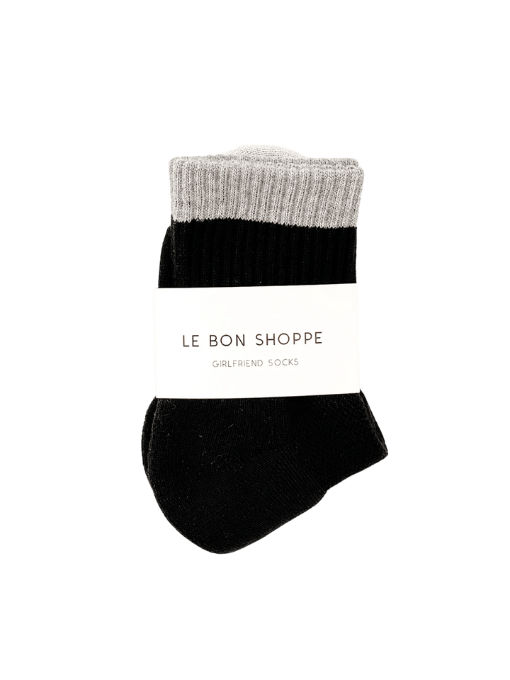 Black 'Color Block Girlfriend Sock' with gray top in 'Black Grey' style and white 'Le Bon Shoppe' label on a transparent background | Twentyseven Toronto