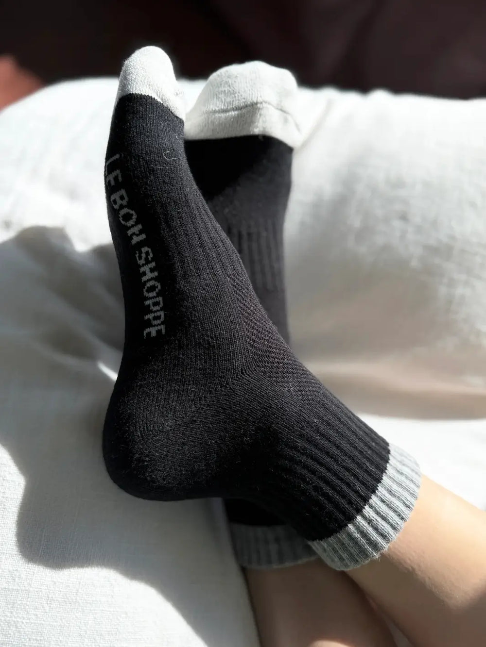Black 'Colorful Block Girlfriend Socks' with grey toes and accents in 'Black Grey' style from Le Bon Shoppe | Twentyseven Toronto