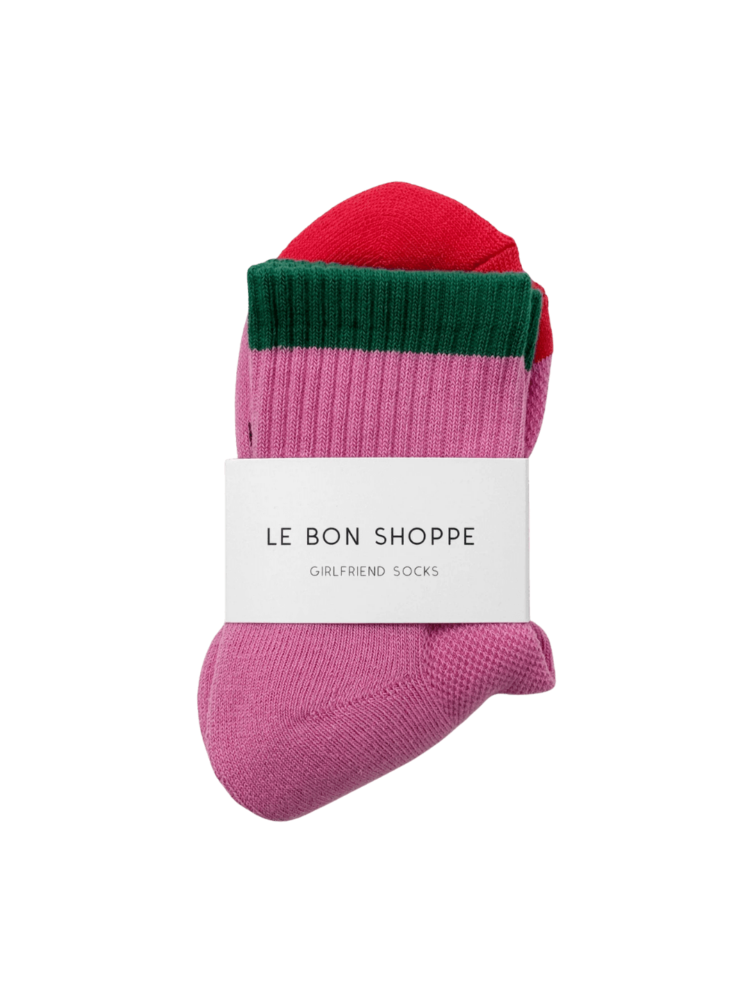 Pink and dark green 'Color Block Girlfriend Socks' in 'Rose Green' style with 'Le Bon Shoppe' label on a transparent background | Twentyseven Toronto