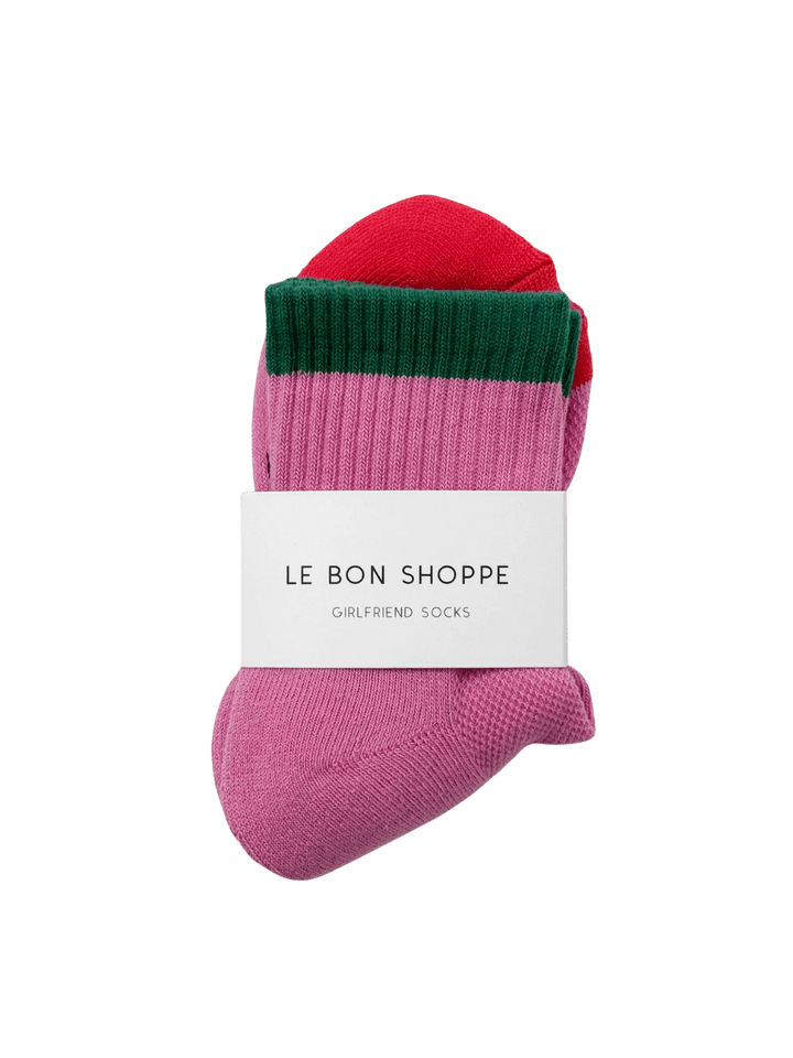 Pink and dark green 'Color Block Girlfriend Socks' in 'Rose Green' style with 'Le Bon Shoppe' label on a transparent background | Twentyseven Toronto