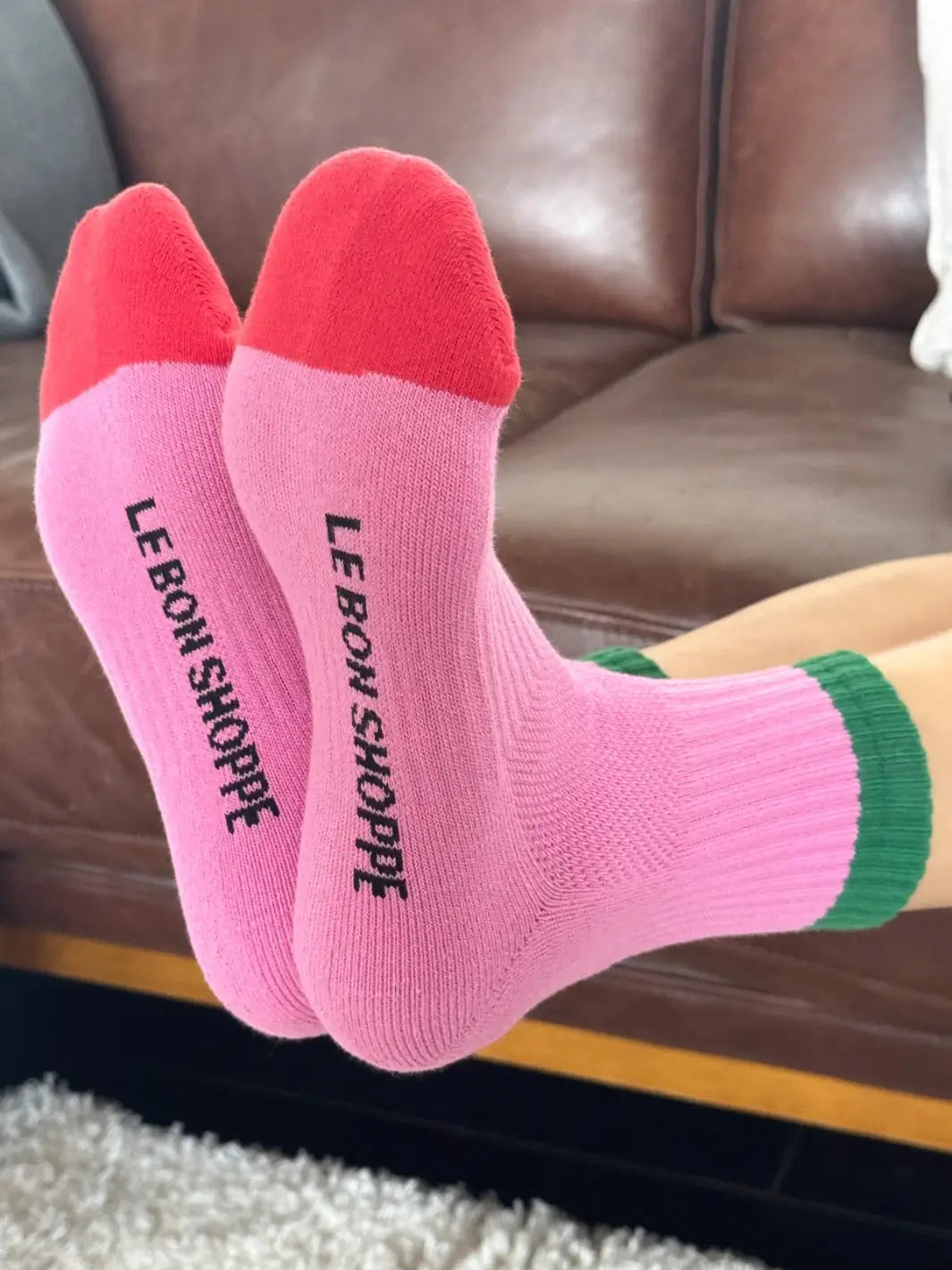 Pink 'Color Block Girlfriend Socks' in 'Rose Green' style with red toes and 'Le Bon Shoppe' lettering on the bottom | Twentyseven Toronto