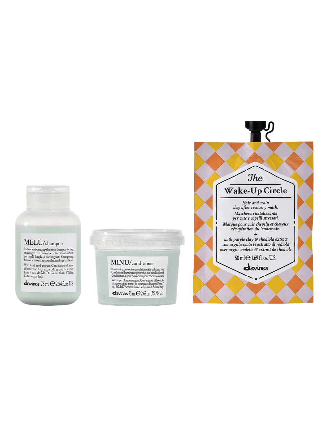 Three Davines hair care products including MELU Shampoo (75ml), MELU Conditioner (75ml), and The Wake-Up Circle Mask (50ml) on a transparent background | Twentyseven Toronto