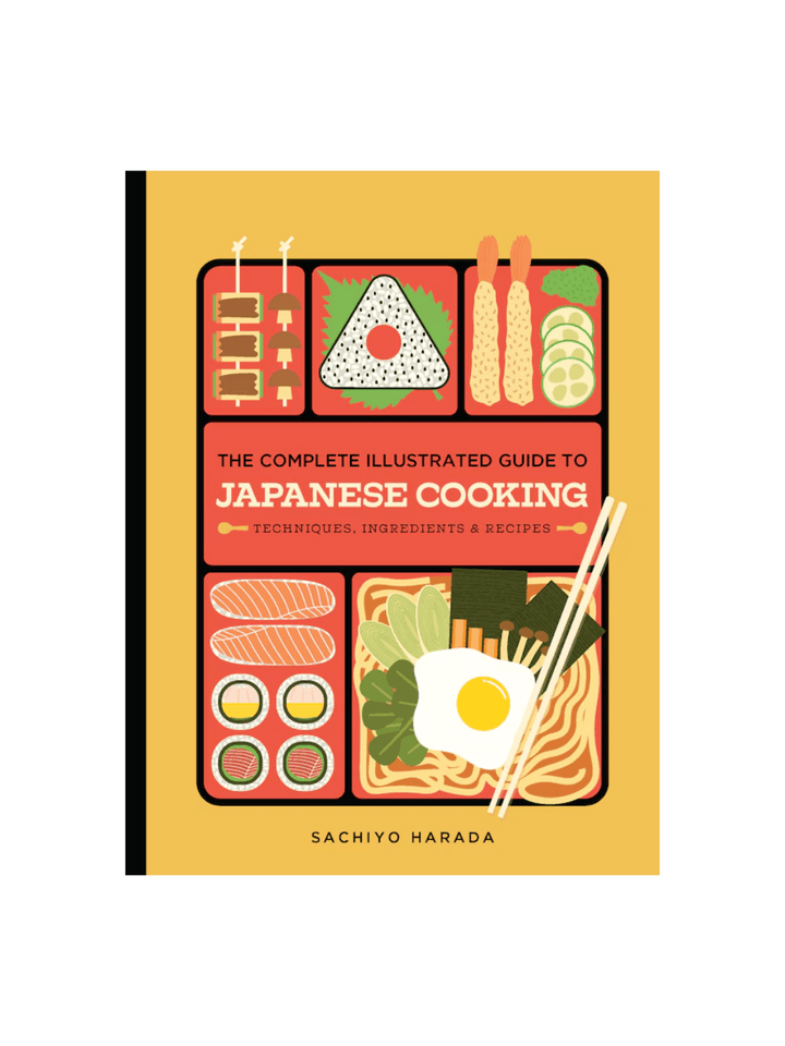 Book cover of 'The Complete Illustrated Guide to Japanese Cooking' by Sachiyo Harada with illustrations of food on a yellow background | Twentyseven Toronto