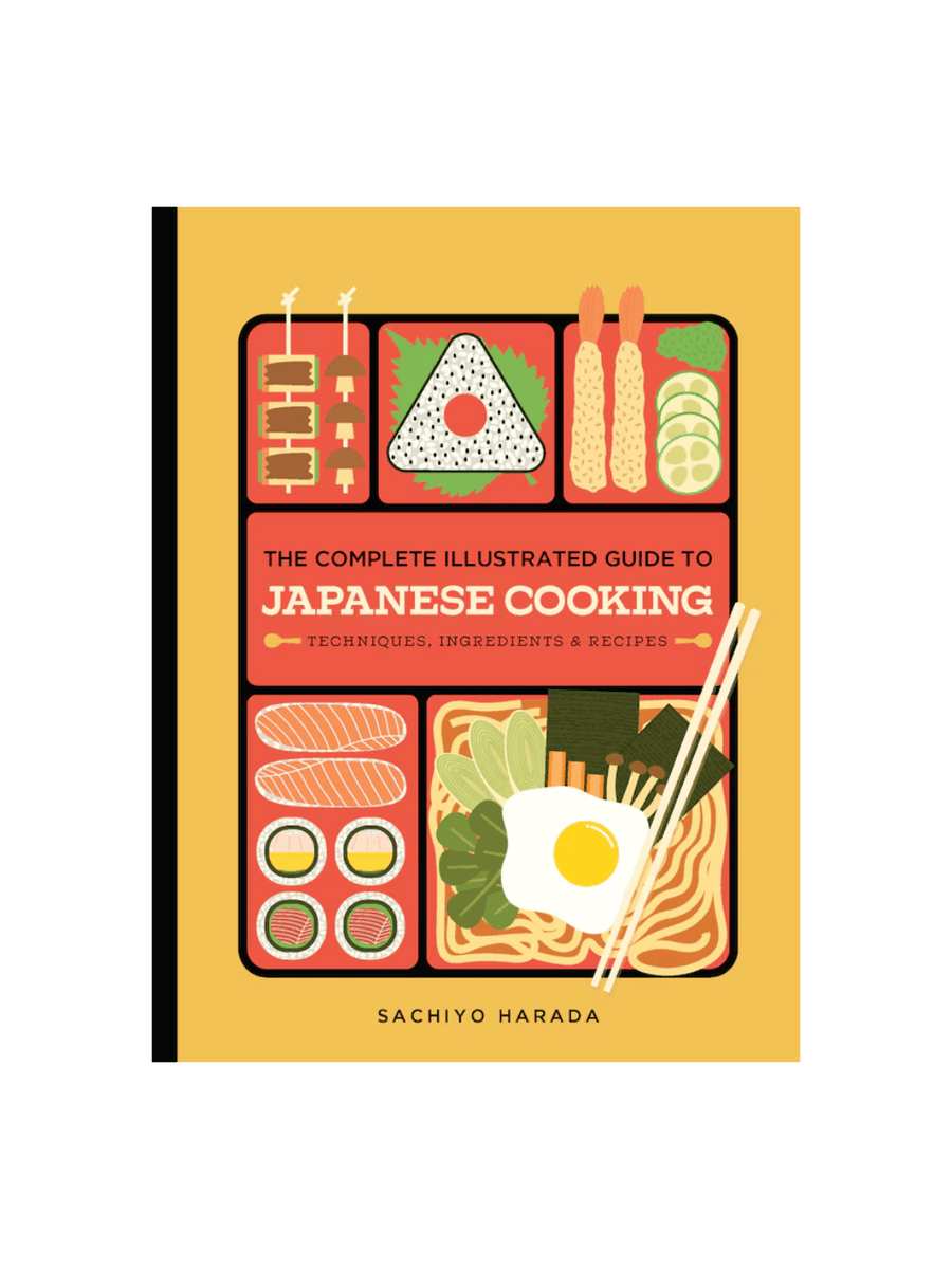 Book cover of 'The Complete Illustrated Guide to Japanese Cooking' by Sachiyo Harada with illustrations of food on a yellow background | Twentyseven Toronto
