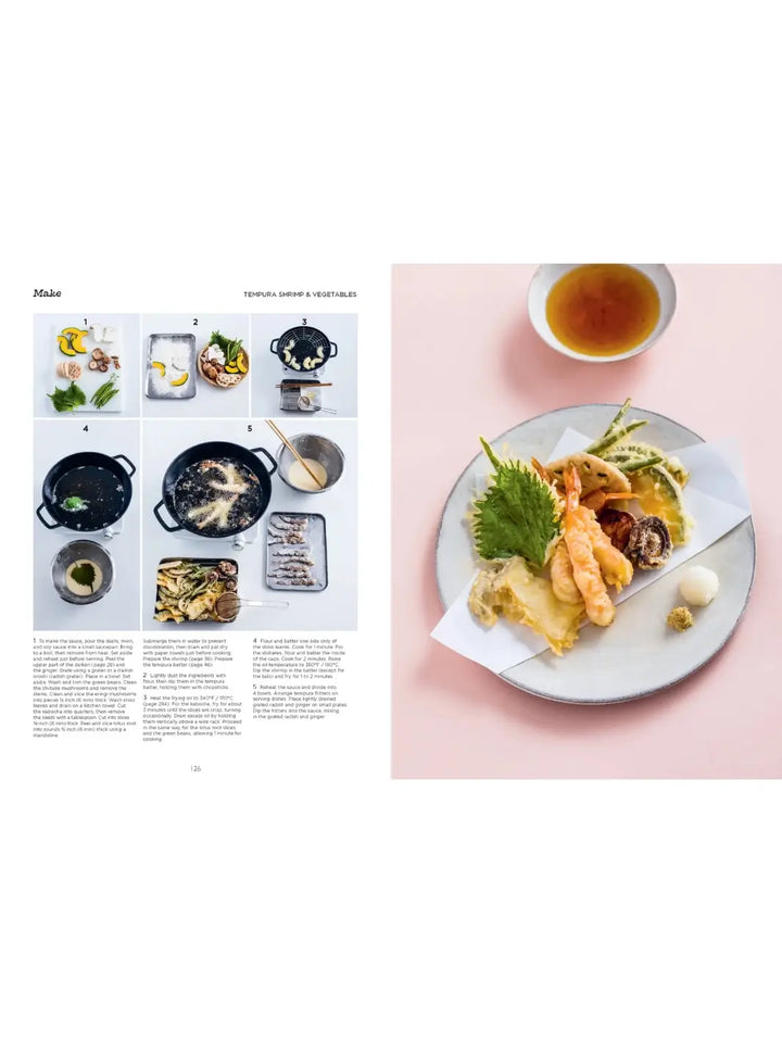 A two-page instructional spread showing a five-step visual guide to deep-frying tempura on the left, and a large photo on the right of the finished dish | Twentyseven Toronto
