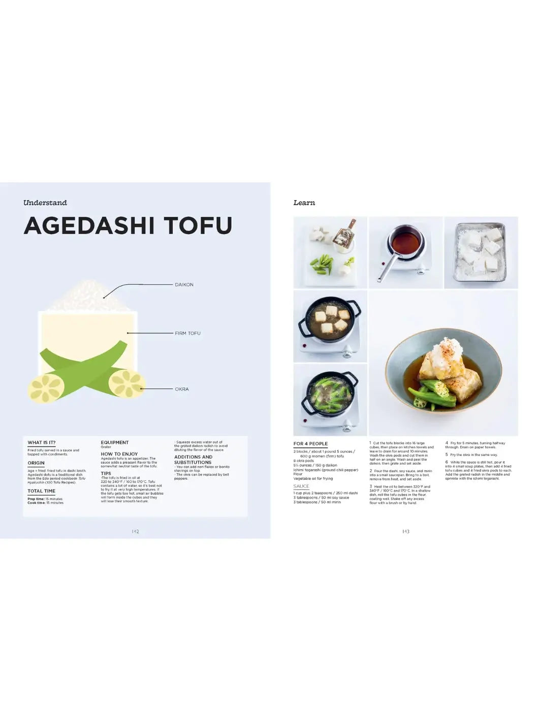 A spread titled "Understand Agedashi Tofu" showing a simplified graphic of a tofu cube with okra and daikon | Twentyseven Toronto