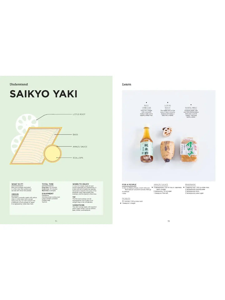 A light green page with a diagram of the dish's components (bass, scallops, lotus root) next to a photo of the raw ingredients: rice vinegar, whole lotus root, and a bag of white miso | Twentyseven Toronto