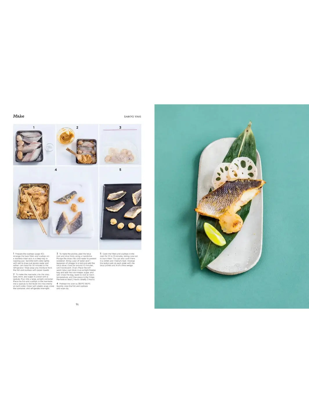 A five-step visual guide showing the marinating and cooking process, concluding with a large photo of the finished golden-brown bass served on a long white plate with a bamboo leaf and lime wedge | Twentyseven Toronto