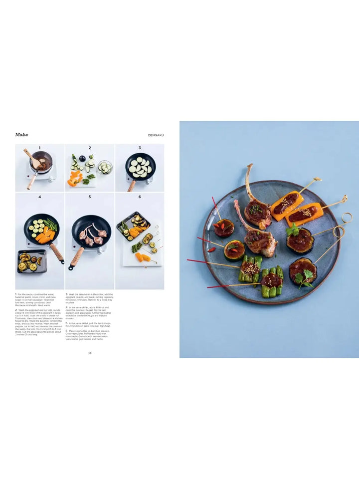 A two-page instructional spread titled "Make Dengaku" featuring six numbered photos of the skewering and grilling process on the left, and a final overhead shot on the right showing various miso-glazed skewers arranged on a blue plate | Twentyseven Toronto