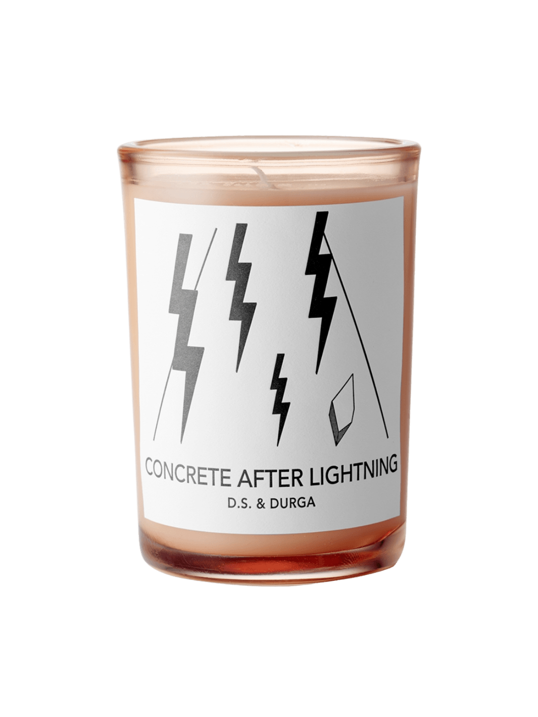 DS&Durga candle in an orange glass jar labeled 'Concrete After Lightning' featuring lightning bolt designs on a transparent background | Twentyseven Toronto