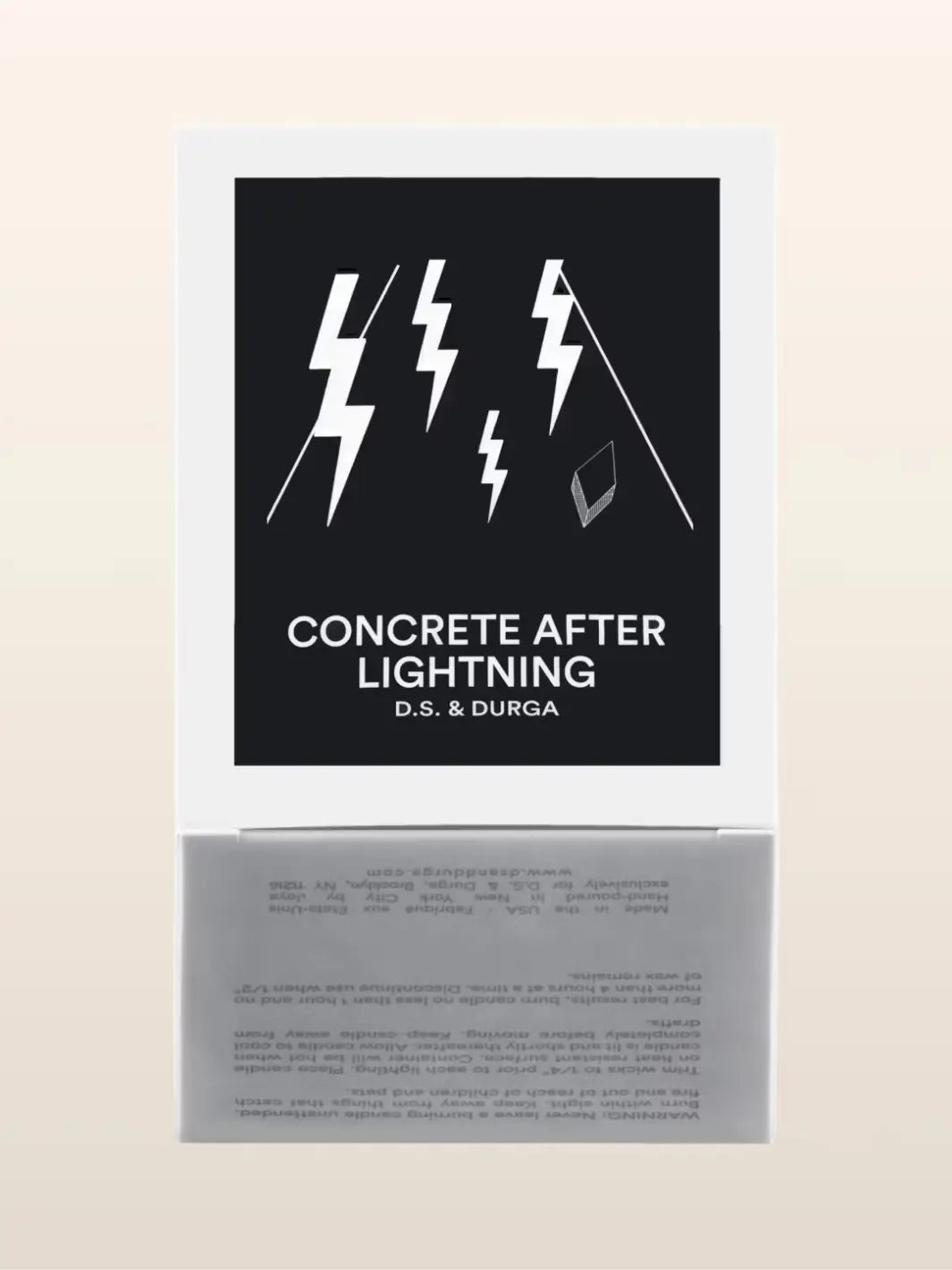 Candle packaging featuring black background and white text featuring 'Concrete After Lightning' by D.S. & Durga | Twentyseven Toronto