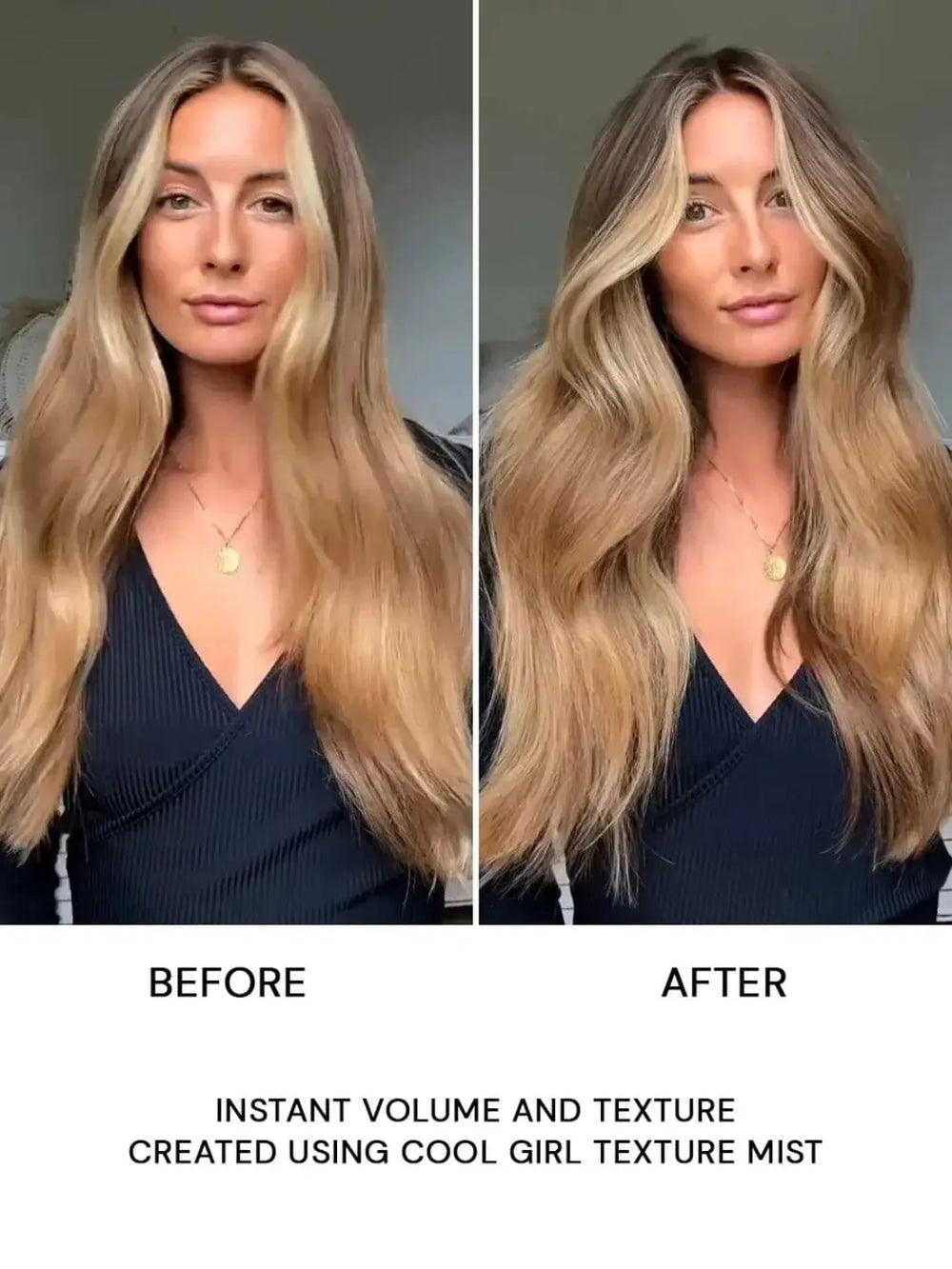 A side-by-side comparison shows a woman's long blonde hair before and after receiving instant volume and definition with Hair by Sam McKnight Cool Girl Barely There Texture Spray | Twentyseven Toronto