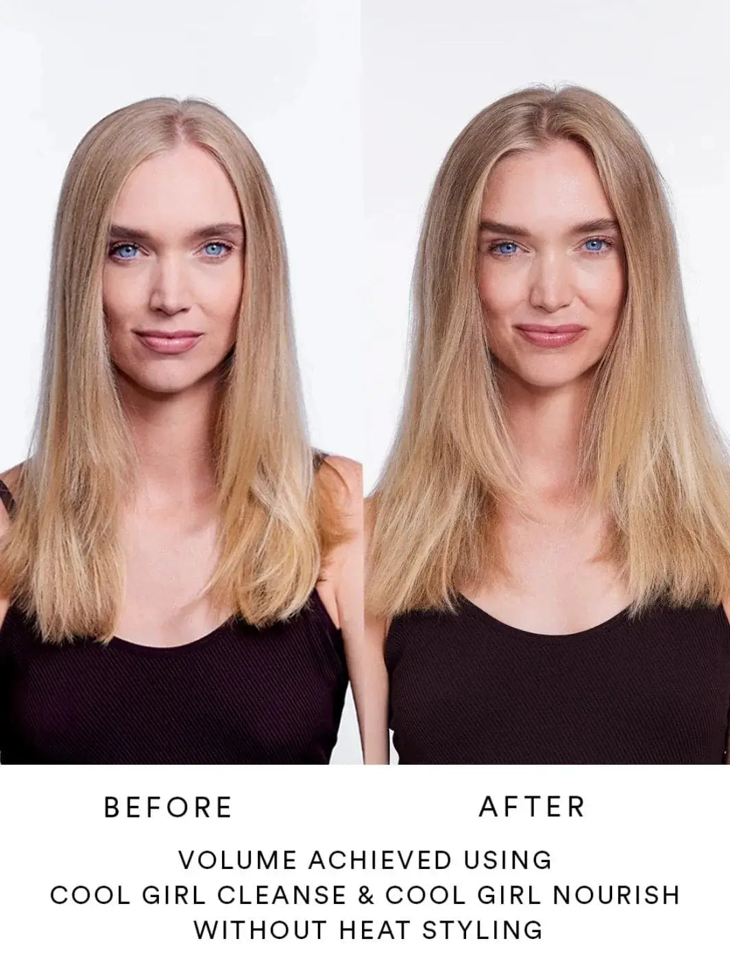 A split before-and-after portrait demonstrates the noticeable body and fullness added to straight blonde hair using Hair by Sam McKnight Cool Girl Volume Conditioner | Twentyseven Toronto