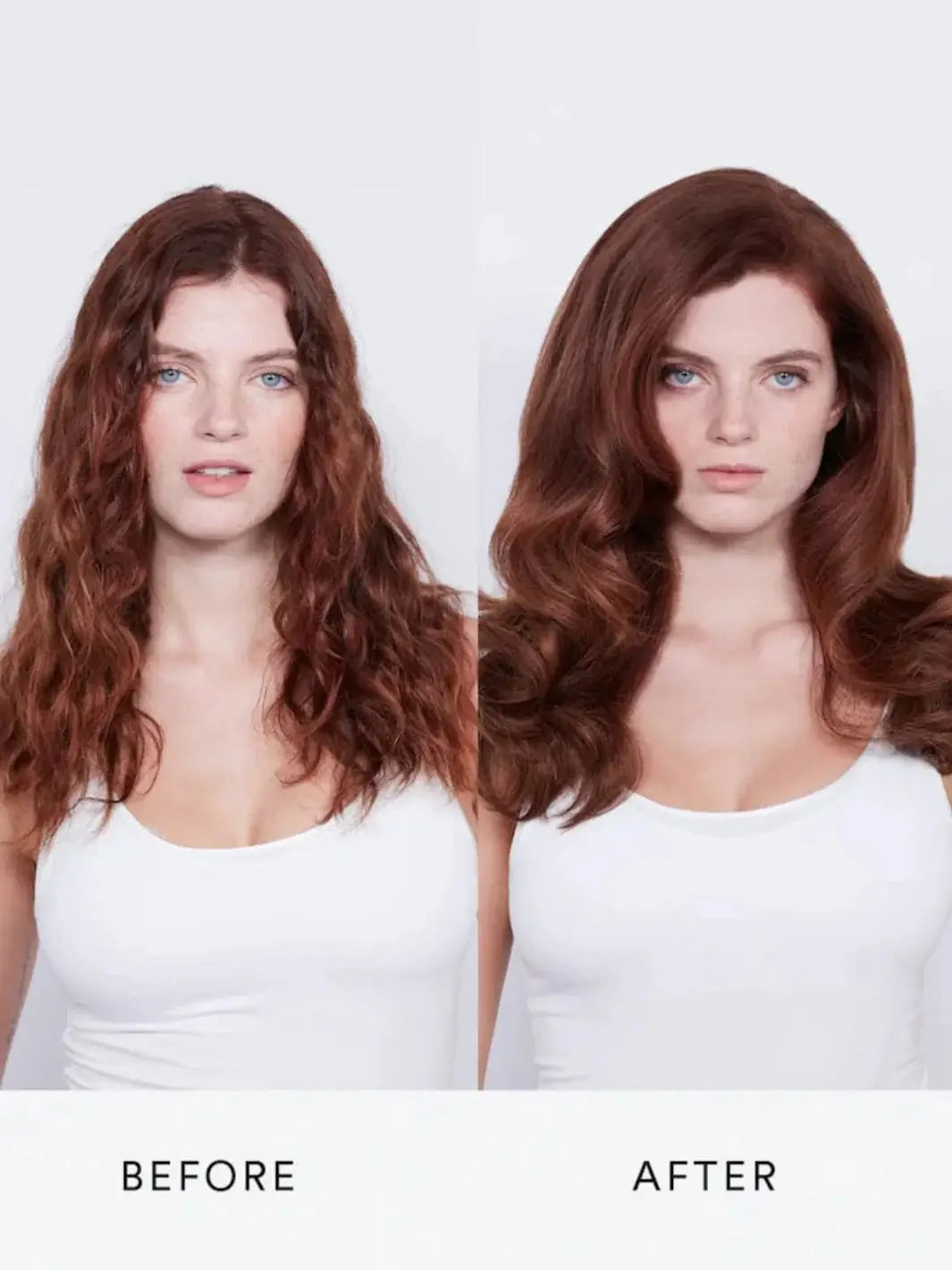 Before and after comparison pictures showcase a woman's hair transformation from frizzy waves to smooth, structured curls with enhanced lift using Hair by Sam McKnight Cool Girl Volume Foam | Twentyseven Toronto
