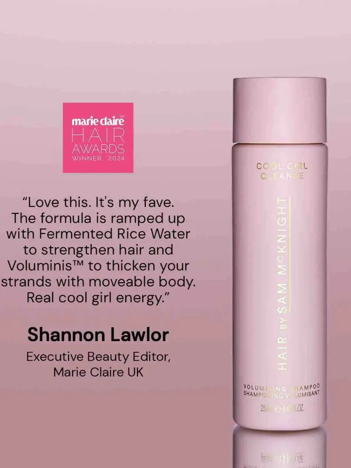 A bottle of Hair by Sam McKnight Cool Girl Volume Shampoo is displayed next to an award logo and a positive quote from Marie Claire UK's Executive Beauty Editor | Twentyseven Toronto