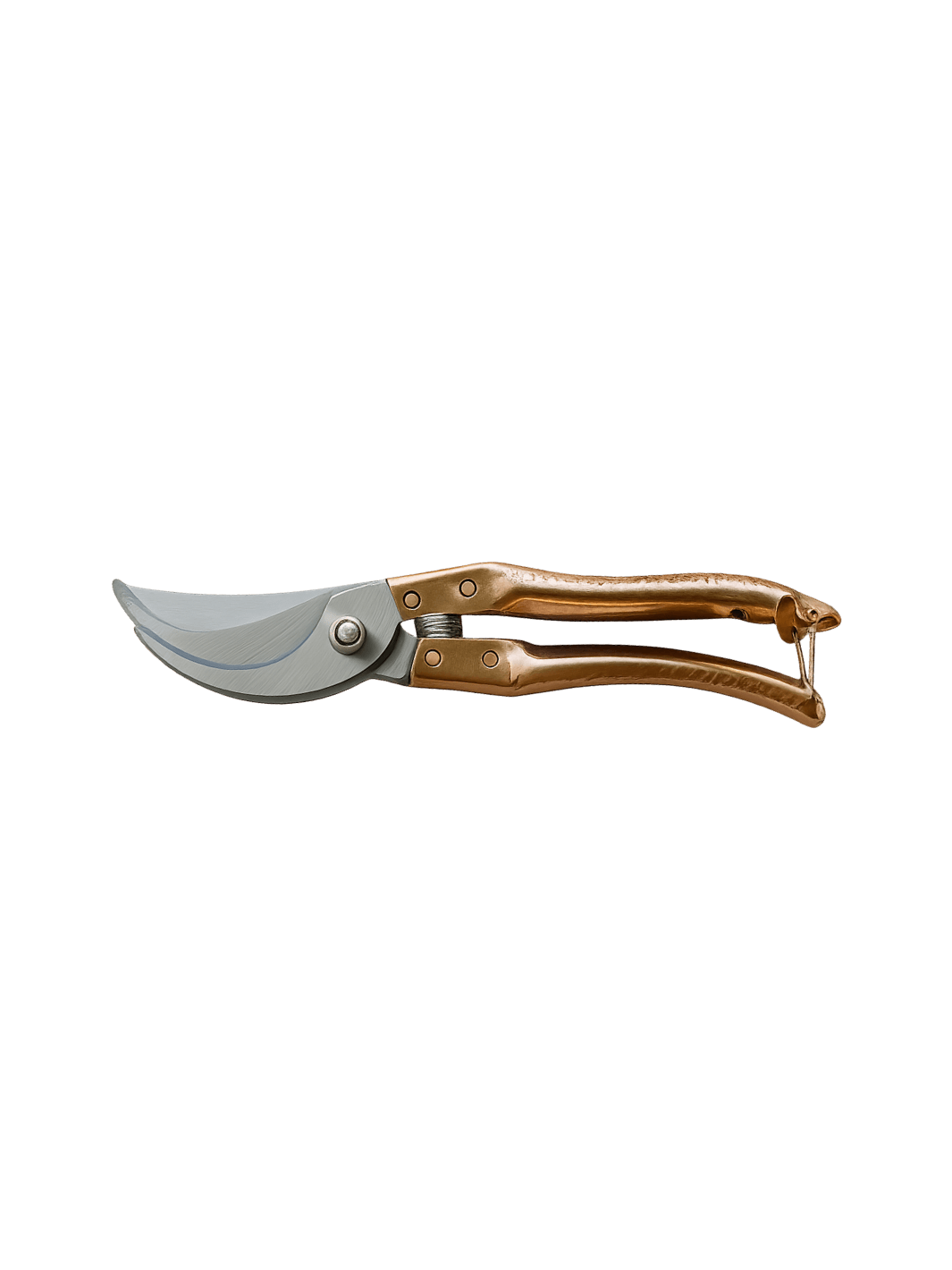 A single pair of Copper Handle Garden Secateurs from Laura Hooper Design House is shown from a side profile against a transparent background | Twentyseven Toronto