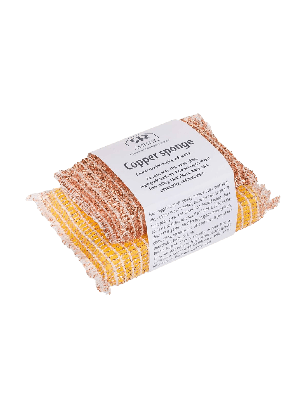 2 copper sponges from Burstenhaus Redecker with white label on a transparent background | Twentyseven Toronto