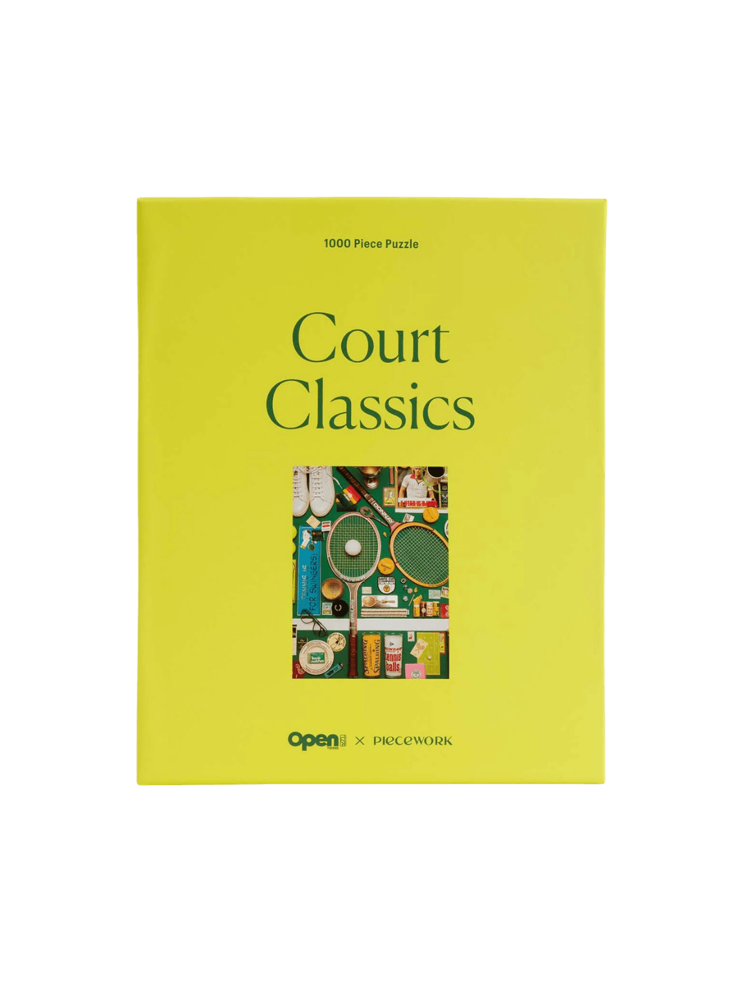 A vibrant yellow rectangular box of the Court Classics 1000 Piece Puzzle from Piecework Puzzles against a transparent background | Twentyseven Toronto