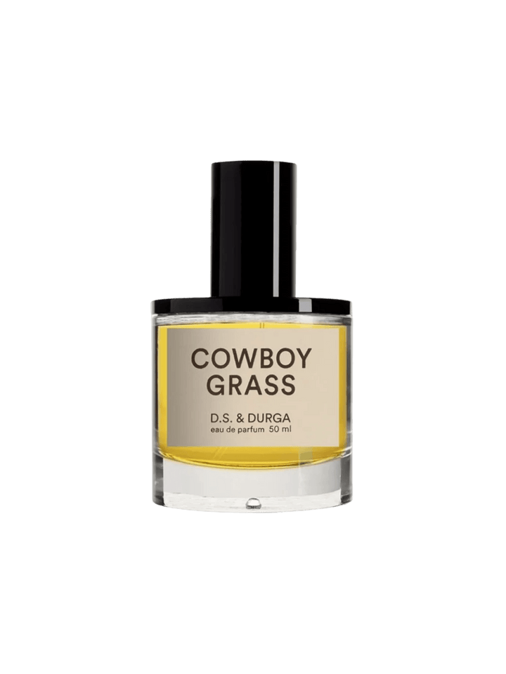 50ml perfume bottle labeled 'Cowboy Grass' by D.S. & Durga on a transparent background | Twentyseven Toronto