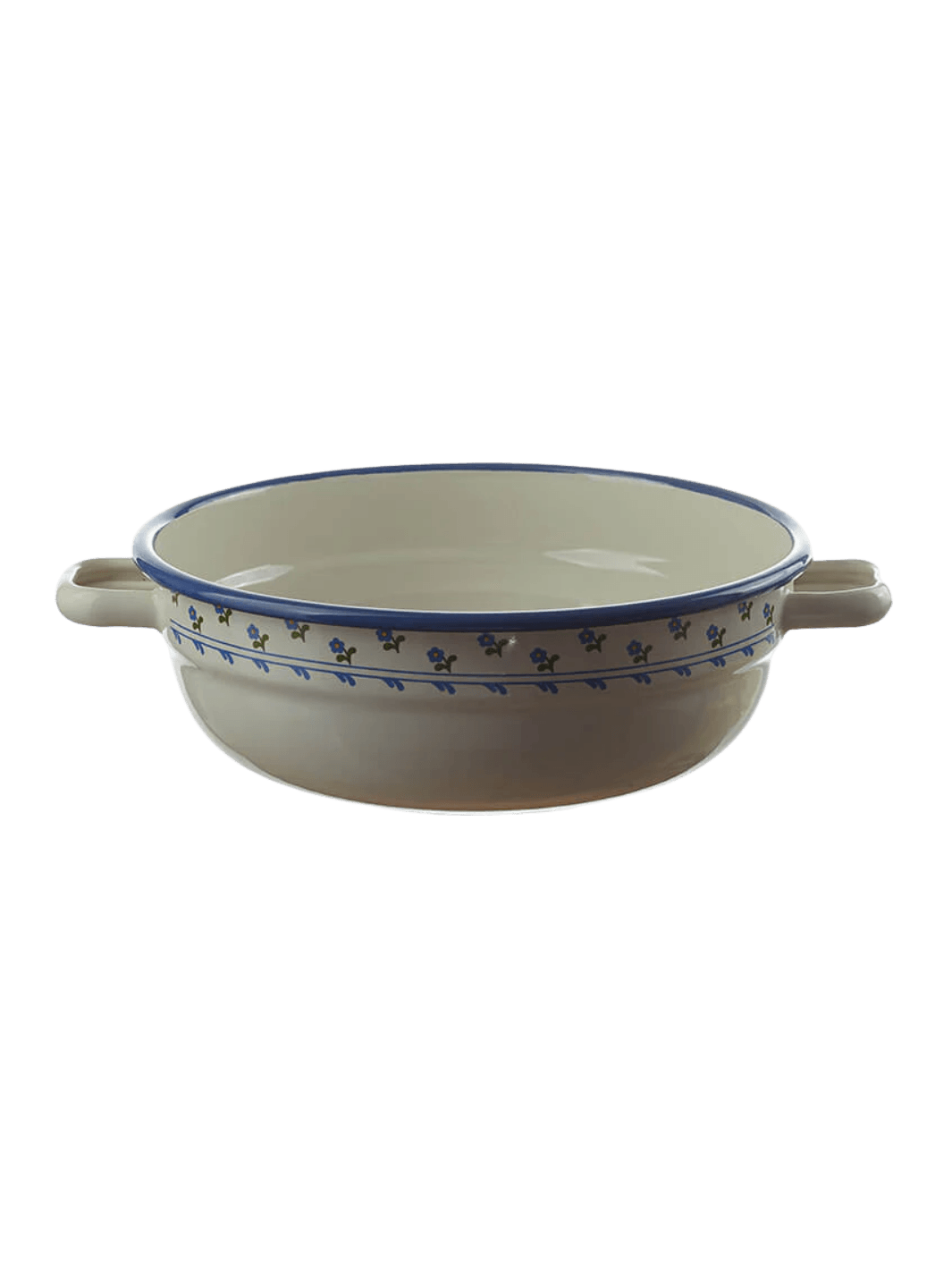 A cream-colored enamel serving bowl with side handles, a blue rim, and a delicate blue floral pattern around the upper exterior, showcasing the Munder Email Cream/Blue Floral Farmhouse Bowl, 20cm | Twentyseven Toronto