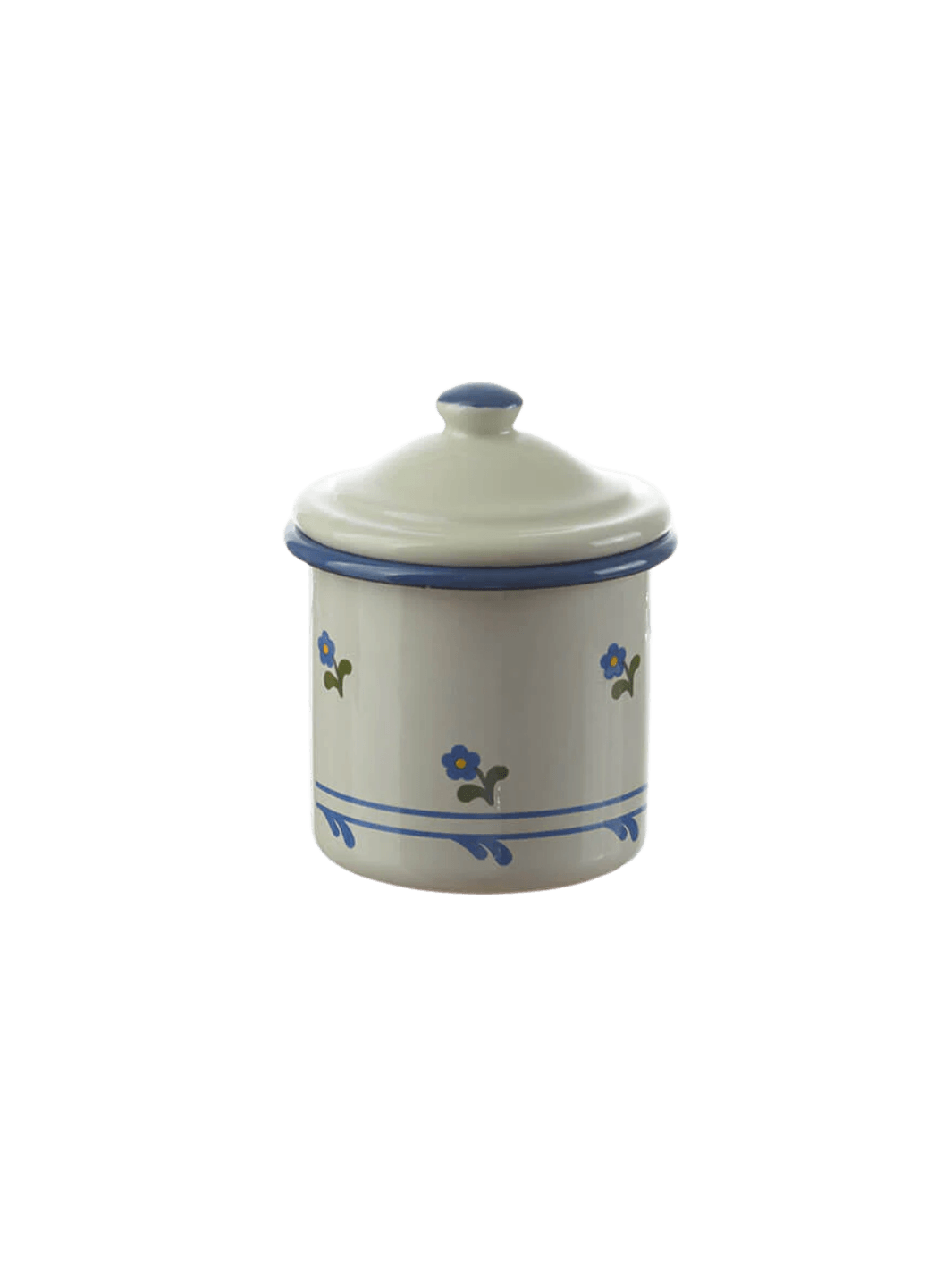 A small, cylindrical cream enamel canister featuring a blue rim, a matching lid with a blue-tipped knob, and a delicate blue floral pattern on the sides, showcasing the Munder Email Cream/Blue Floral Sugar Bowl | Twentyseven Toronto