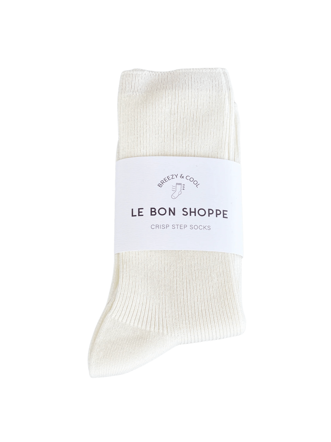 White 'Crisp Step Socks' with a 'Le Bon Shoppe' label on a transparent background | Twentyseven Toronto