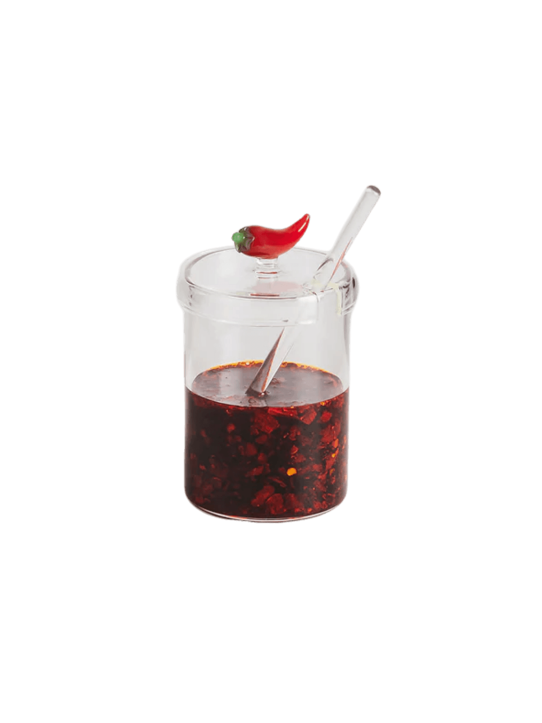 Clear crispy chili oil jar from Maison Balzac with red chili oil inside, a spoon, and a decorative red pepper design on a transparent background | Twentyseven Toronto