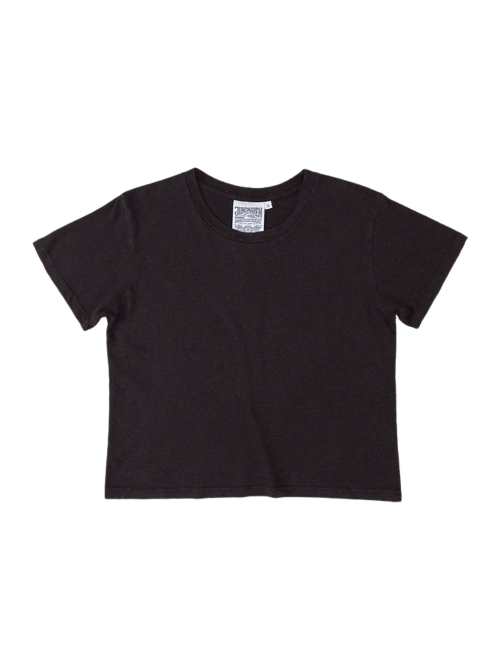 A dark charcoal grey crewneck short-sleeve Cropped Lorel Tee in Black from Jungmaven | Twentyseven Toronto